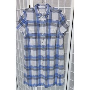 J.Jill Love Linen Size Small  Blue Plaid  Shirt Dress Pockets Lagenlook Coastal